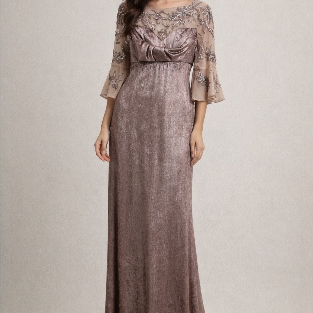 Embellished Taupe Velvet Evening Gown - Picture 8 of 11